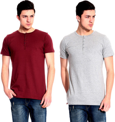 

Lemon & Vodka Solid Men's Henley Maroon, Grey T-Shirt(Pack of 2)