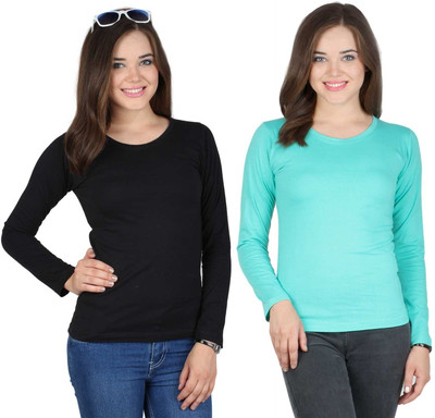 

SayItLoud Solid Women's Round Neck Black, Light Green T-Shirt(Pack of 2, Aqua green;black