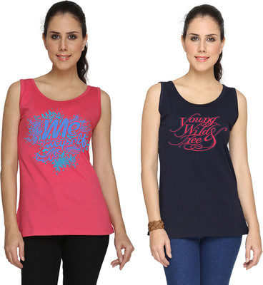 

SayItLoud Printed Women's Scoop Neck Pink, Blue T-Shirt(Pack of 2), Navy blue;pink