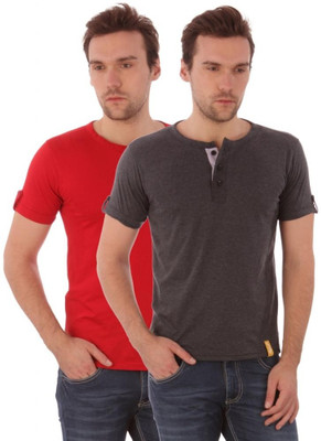 

Campus Sutra Solid Men Henley Red, Grey T-Shirt(Pack of 2), Charcoal;red