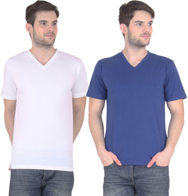 

E'Hiose Solid Men's V-neck Multicolor T-Shirt(Pack of 2, Blue;white