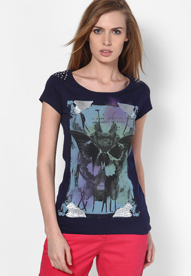 

SF Jeans by Pantaloons Graphic Print Women's Round Neck Dark Blue T-Shirt, Navy blue