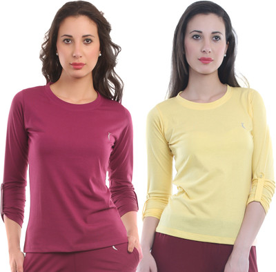 

Ultra Fit Solid Women's Round Neck Maroon, Yellow T-Shirt(Pack of 2), Wine;yellow
