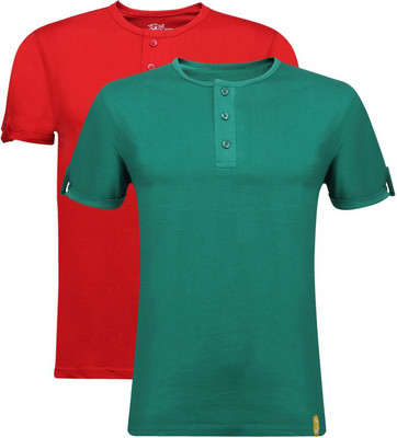 

Campus Sutra Solid Men Henley Multicolor T-Shirt(Pack of 2, Green;red