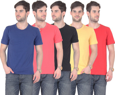 

FnMe Solid Men' Round Neck Multicolor T-Shirt(Pack of 5, Black;blue;gajri;red;yellow