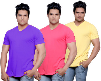 

IndiWeaves Solid Men's V-neck Purple, Pink, Yellow T-Shirt(Pack of 3, Pink;purple;yellow