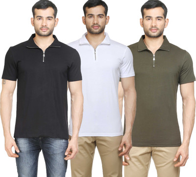 

Poshuis Solid Men' Polo Neck Black, White, Dark Green T-Shirt(Pack of 3, Black;military green;white
