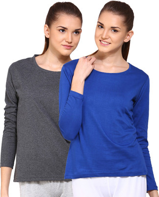 

Ap'pulse Solid Women's Round Neck Grey, Blue T-Shirt(Pack of 2), _amel_rblu