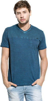 

Mufti Striped Men's V-neck Dark Blue T-Shirt