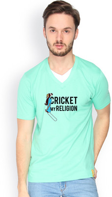 Campus Sutra Solid Men V-neck Green T-Shirt, Sea green