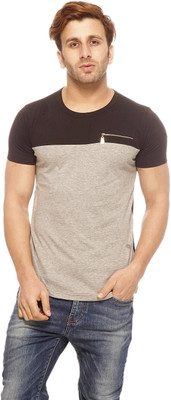 

Gritstones Solid Men's Round Neck Brown, Grey T-Shirt, Black