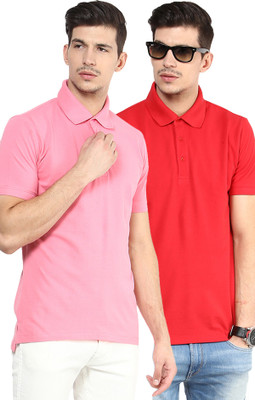 Yellow Submarine Solid Men's Polo Neck Red, Pink T-Shirt(Pack of 2), Pink;red