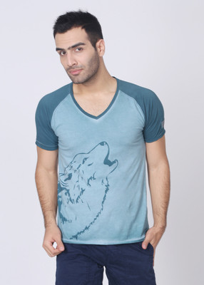 

Breakbounce Printed Men's V-neck Green T-Shirt, Gobin blue