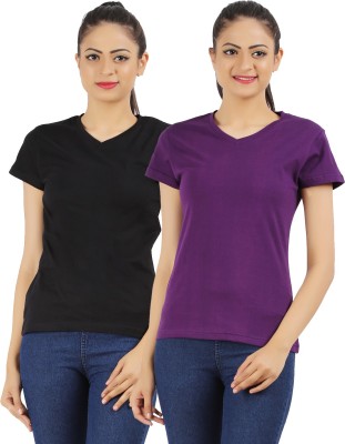 

Ap'pulse Solid Women's V-neck Black, Purple T-Shirt(Pack of 2)