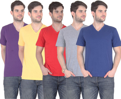 

E'Hiose Solid Men' V-neck Multicolor T-Shirt(Pack of 5, Blue;grey;purple;red;yellow