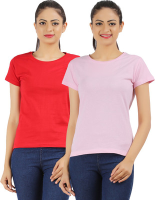 

Ap'pulse Solid Women's Round Neck Red, Pink T-Shirt(Pack of 2)