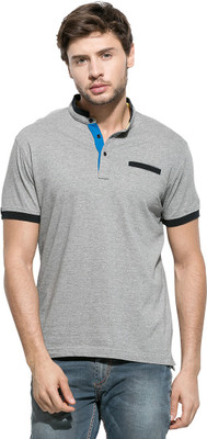

Mufti Solid Men's Mandarin Collar Grey T-Shirt, Grey melange
