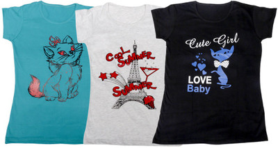 

IndiWeaves Girls Printed T Shirt(Multicolor, Blue & gray & black