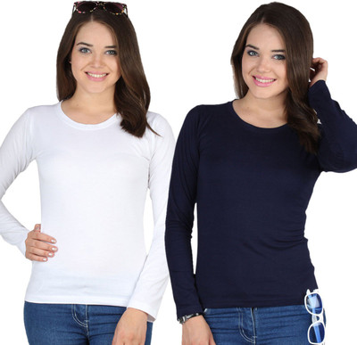 

SayItLoud Solid Women' Round Neck White, Blue T-Shirt(Pack of 2, Navy blue;white