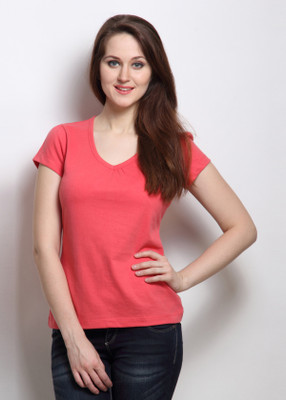 

Rigo Solid Women's V-neck Pink T-Shirt