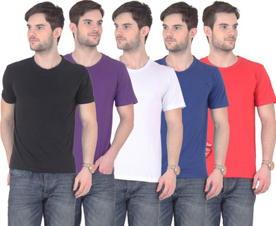

FnMe Solid Men's Round Neck Multicolor T-Shirt(Pack of 5, Black;blue;purple;red;white