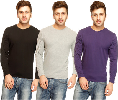

Gritstones Solid Men's V-neck Multicolor T-Shirt(Pack of 3, Black;grey melange;navy