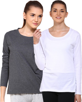 

Ap'pulse Solid Women's Round Neck Grey, White T-Shirt(Pack of 2), _amel_wite