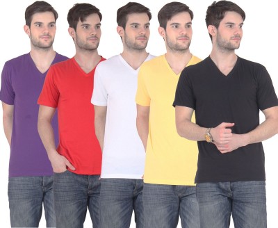 

FnMe Solid Men' V-neck Multicolor T-Shirt(Pack of 5, Black;purple;red;white;yellow