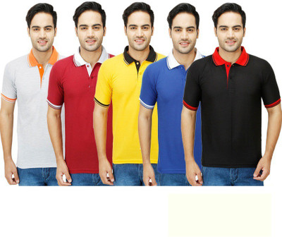 

Lime Solid Men's Polo Neck Black, Blue, Yellow, Maroon, Grey T-Shirt(Pack of 5