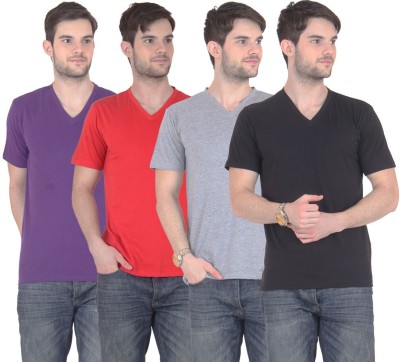 

E'Hiose Solid Men' V-neck Multicolor T-Shirt(Pack of 4, Black;grey;purple;red