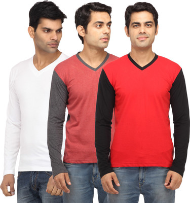 

Leana Solid Men's V-neck Red, Red, White T-Shirt(Pack of 3