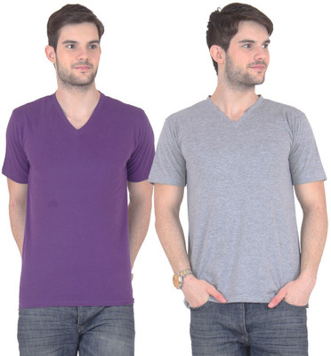 

E'Hiose Solid Men's V-neck Multicolor T-Shirt(Pack of 2, Grey;purple