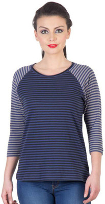 

Hypernation Striped Women's Round Neck Blue, Grey T-Shirt