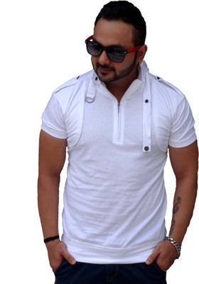 

Black Collection Printed Men's Flap Collar Neck White T-Shirt