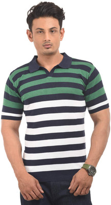 AMX Striped Men Polo Neck Blue T-Shirt