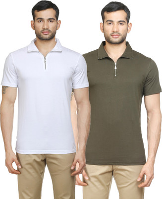 Poshuis Solid Men's Polo Neck White, Dark Green T-Shirt(Pack of 2, White and military green