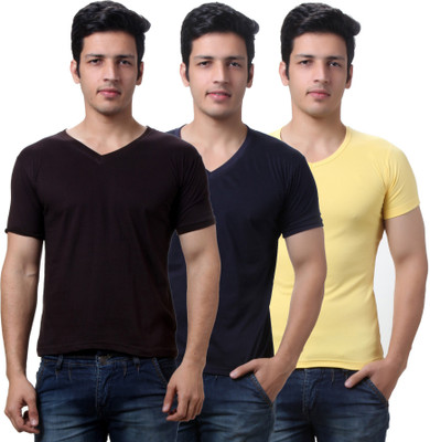 

TeeMoods Solid Men's V-neck Brown, Yellow, Dark Blue T-Shirt(Pack of 3), Brown;navy;yellow