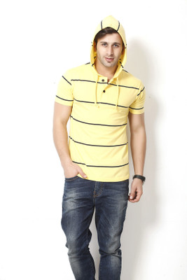 

Gritstones Striped Men's Hooded Yellow, Black T-Shirt