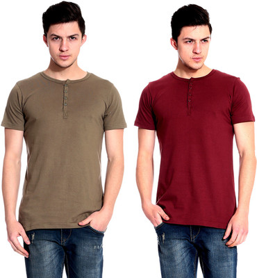 

Lemon & Vodka Solid Men's Henley Maroon, Brown T-Shirt(Pack of 2)
