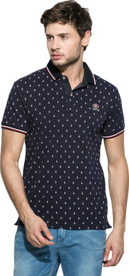 Mufti Self Design Men's Polo Neck Dark Blue T-Shirt, Navy