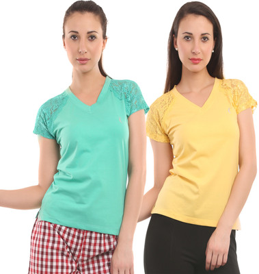 

Ultra Fit Solid Women's V-neck Yellow, Blue T-Shirt(Pack of 2), Turq;yellow