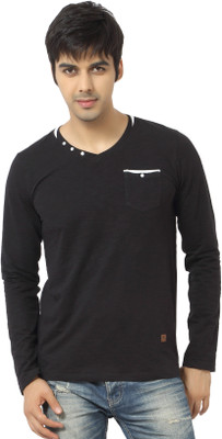 

La Seven Solid Men's V-neck Black T-Shirt