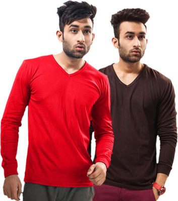 

Unisopent Designs Solid Men's V-neck Red, Brown T-Shirt(Pack of 2)