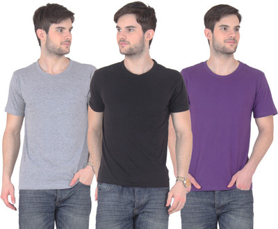 

FnMe Solid Men' Round Neck Multicolor T-Shirt(Pack of 3, Black;grey;purple