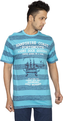 

Red Line Striped Men's Round Neck Blue T-Shirt, Lt blue;navy