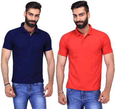 

Fuego Solid Men's Polo Neck Dark Blue, Red T-Shirt(Pack of 2