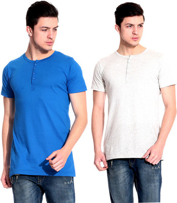 

Lemon & Vodka Solid Men's Henley Blue, White T-Shirt(Pack of 2)