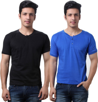 

TeeMoods Solid Men's Henley Black, Blue T-Shirt(Pack of 2), Black;royal blue