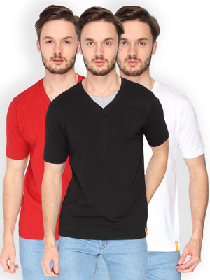 

Campus Sutra Solid Men V-neck Black, Red, White T-Shirt(Pack of 3