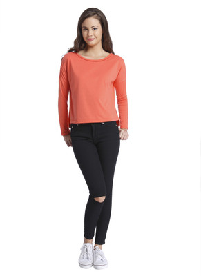 

Only Solid Women's Round Neck Orange T-Shirt, Hot coral